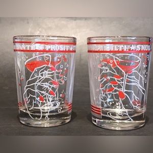 SKOL Set of 2 Vintage Mid Century Modern To Your Health Red & White Shot Glasses